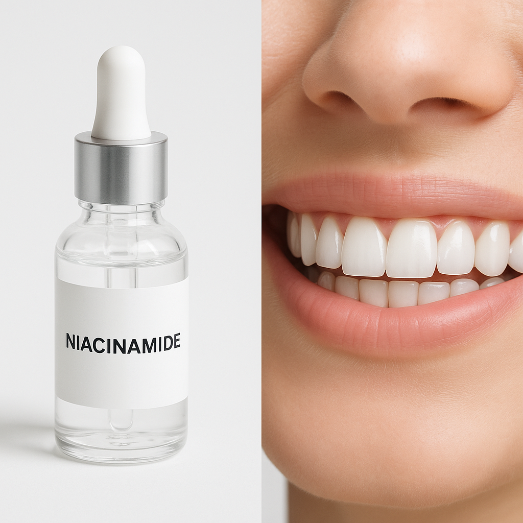 Split image showing niacinamide serum next to bright white smile